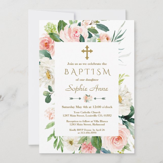 Pink Blush Flowers Bloom Gold Cross Baptism Invitation (Front)