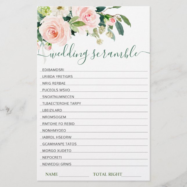 Pink Blush Flowers Bridal Shower Scramble Game (Front)