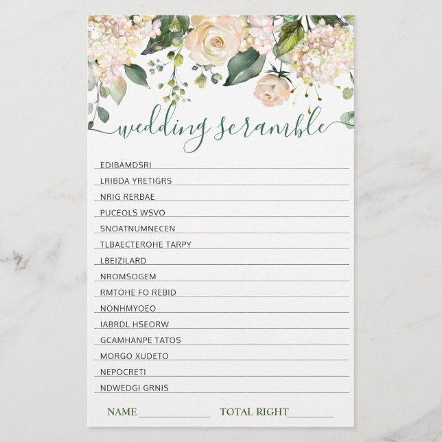Pink Blush Flowers Bridal Shower Scramble Game (Front)