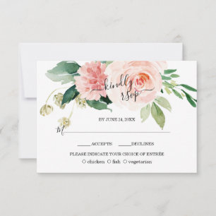 Pink Blush Flowers Deep Aqua Calligraphy Wedding RSVP Card