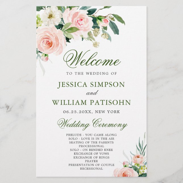 Pink Blush Flowers Floral Wedding Ceremony Program (Front)