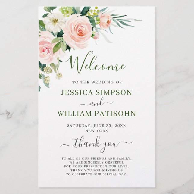 Pink Blush Flowers Floral Wedding Ceremony Program (Front)