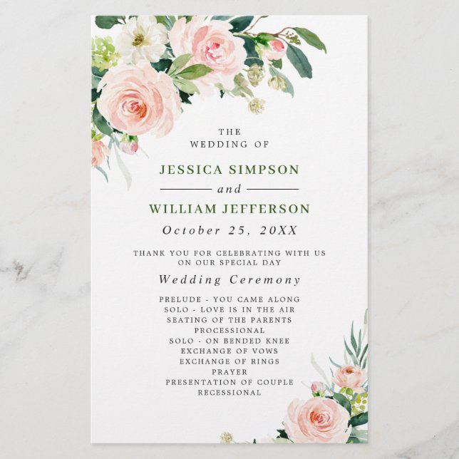 Pink Blush Flowers Floral Wedding Ceremony Program (Front)