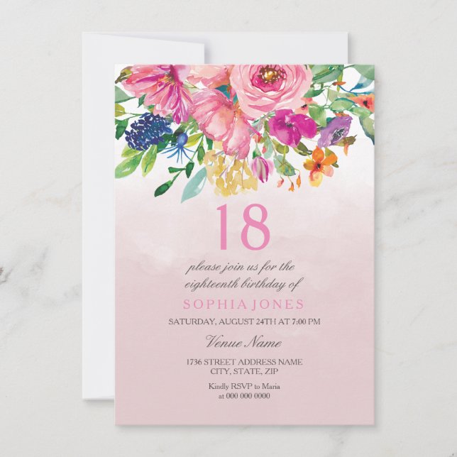 Pink Blush Flowers Girls 18th 17th 19th Birthday Invitation (Front)