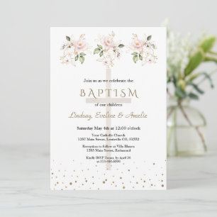 Pink Blush Flowers Gold Girls Triplets Baptism   Invitation