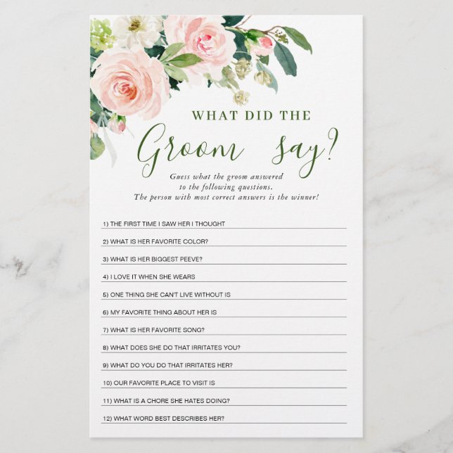 Pink Blush Flowers Greenery Bridal Shower Game (Front)