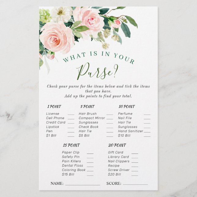 Pink Blush Flowers Greenery Bridal Shower Game (Front)