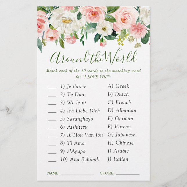 Pink Blush Flowers Greenery Bridal Shower Game (Front)
