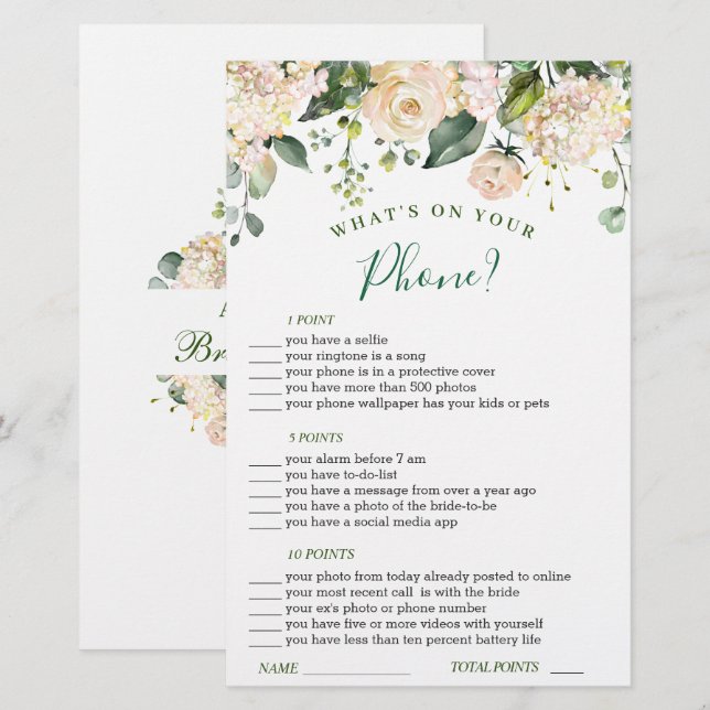 Pink Blush Flowers Greenery Bridal Shower Game (Front/Back)