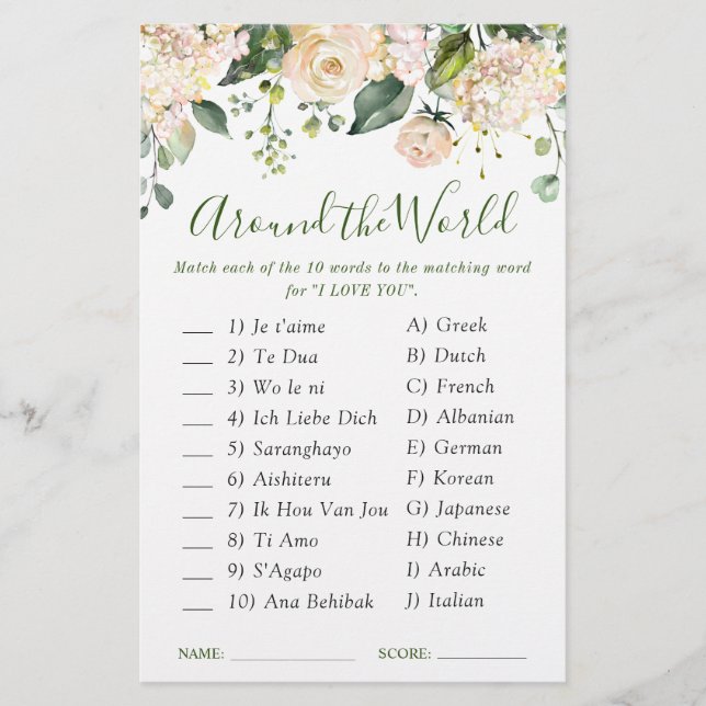 Pink Blush Flowers Greenery Bridal Shower Game (Front)