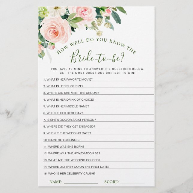 Pink Blush Flowers Greenery Bridal Shower Game (Front)