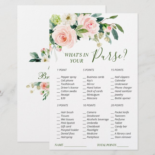 Pink Blush Flowers Greenery Bridal Shower Game (Front/Back)