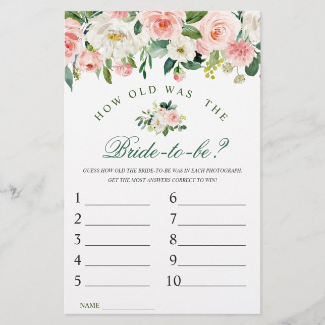 Pink Blush Flowers Greenery Bridal Shower Game (Front)