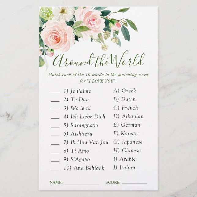 Pink Blush Flowers Greenery Bridal Shower Game (Front)