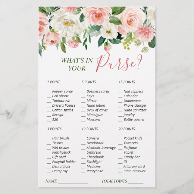 Pink Blush Flowers Greenery Bridal Shower Game (Front)