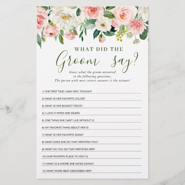 Pink Blush Flowers Greenery Bridal Shower Game (Front)