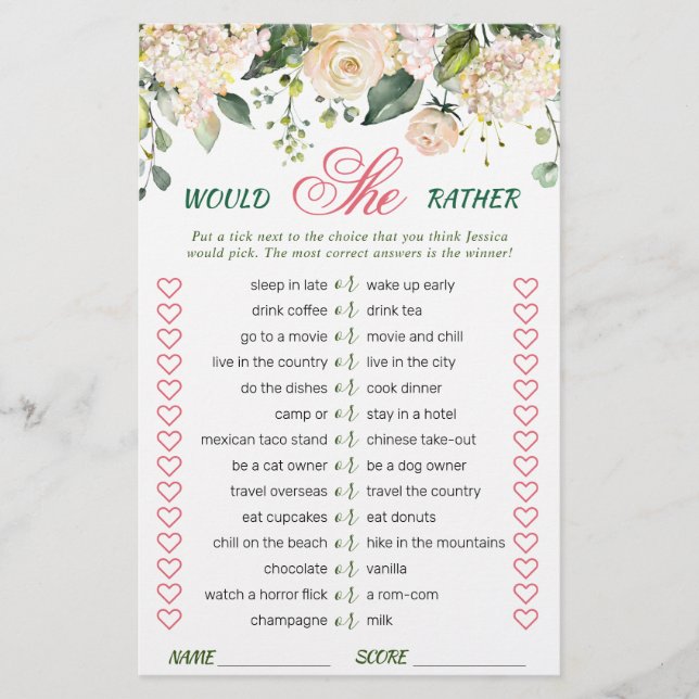 Pink Blush Flowers Greenery Bridal Shower Game (Front)