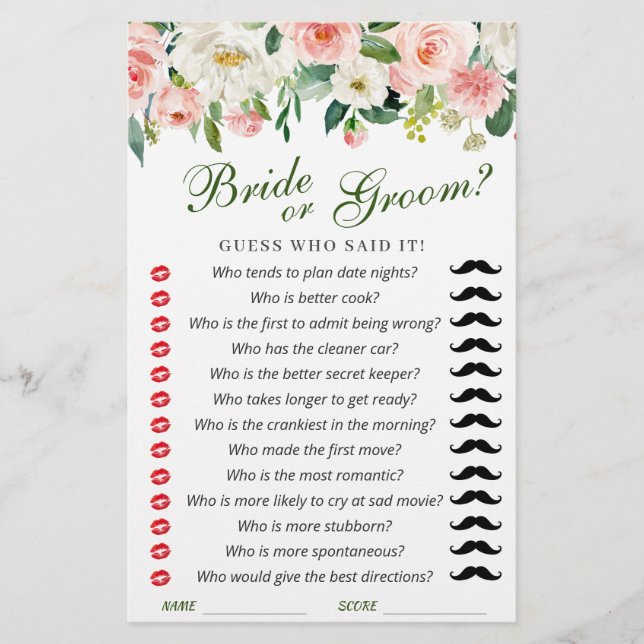 Pink Blush Flowers Greenery Bridal Shower Game (Front)