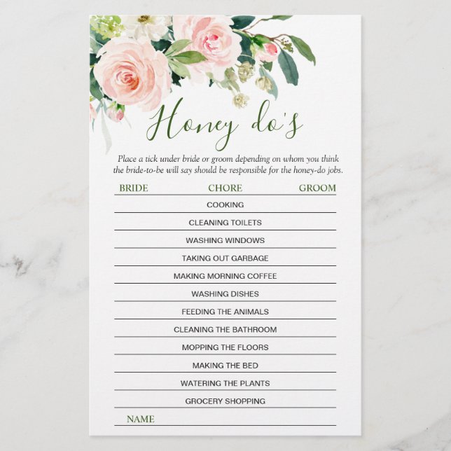 Pink Blush Flowers Greenery Bridal Shower Game (Front)