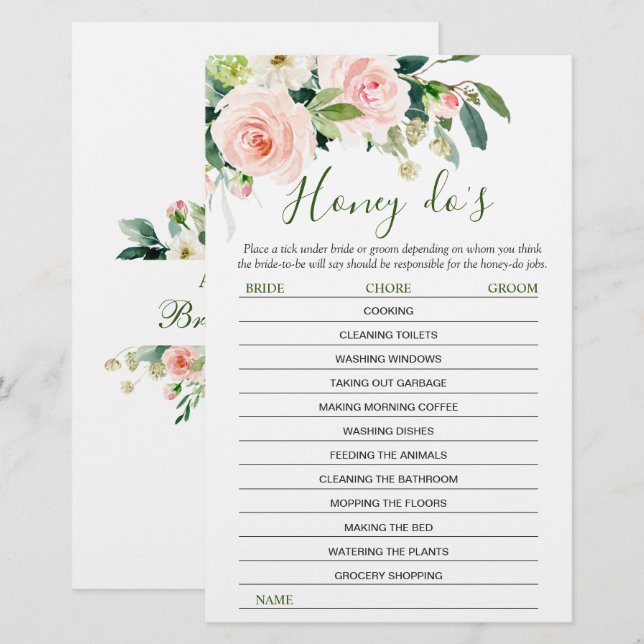 Pink Blush Flowers Greenery Bridal Shower Game (Front/Back)