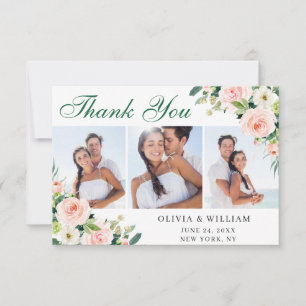 Pink Blush Flowers Greenery Floral 3 PHOTO Thank You Card