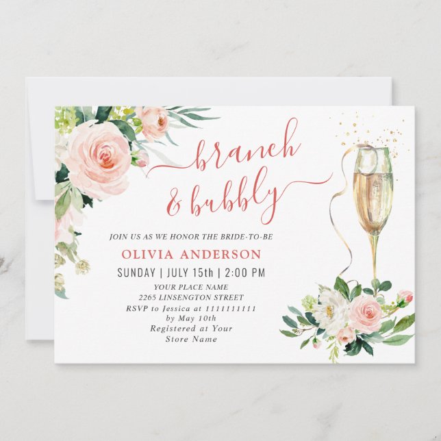 Pink Blush Flowers Greenery Floral Brunch & Bubbly Invitation (Front)
