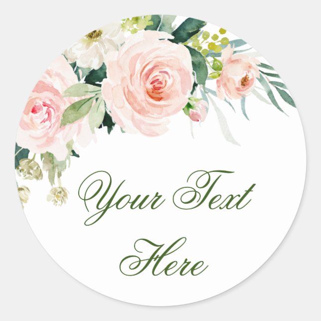 Pink Blush Flowers Greenery Floral Custom Classic Round Sticker (Front)