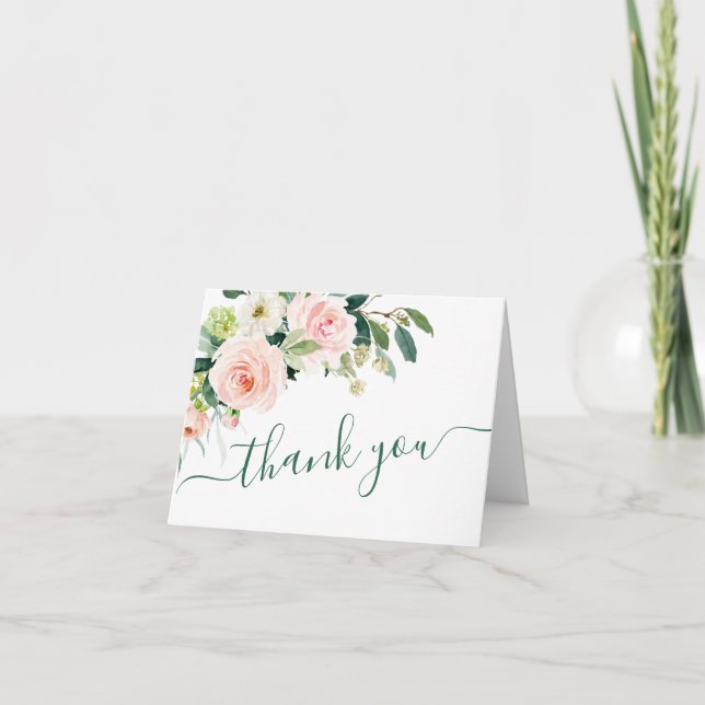 Pink Blush Flowers Greenery Floral Thank You Card (Front)
