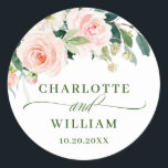 Pink Blush Flowers Greenery Floral Wedding Classic Round Sticker<br><div class="desc">For further customisation,  please click the "customise further" link and use our design tool to modify this template. 
If you need help or matching items,  please contact me.</div>
