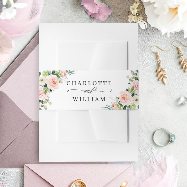 Pink Blush Flowers Greenery Floral Wedding Invitation Belly Band (Creator Uploaded)