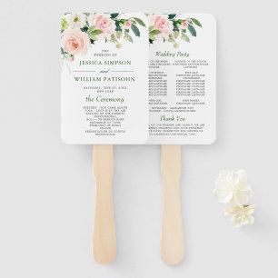 Pink Blush Flowers Greenery Floral Wedding Program Hand Fan