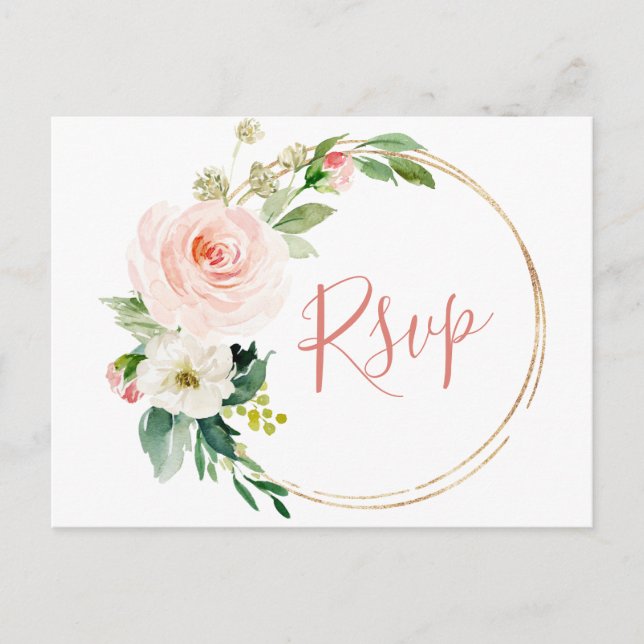 Pink Blush Flowers Greenery Floral Wedding RSVP Postcard (Front)