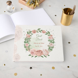 pink blush flowers sage green leaves guest book