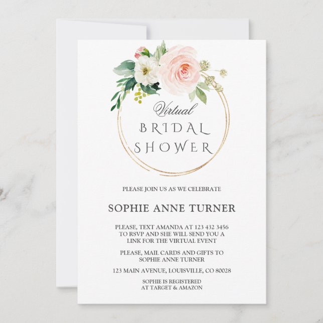 Pink Blush Flowers Virtual Bridal Shower By Mail Invitation (Front)