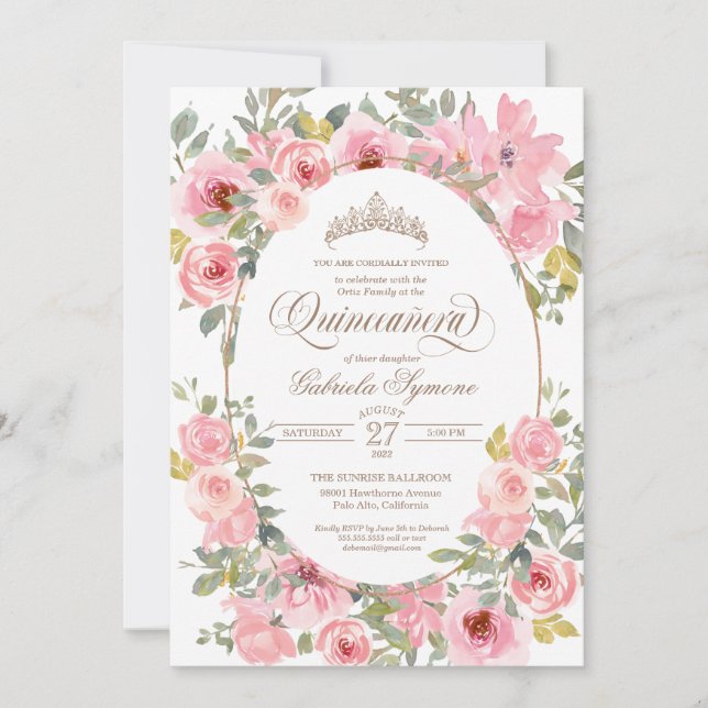 Pink & Blush Flowers Watercolor Floral Quinceanera Invitation (Front)
