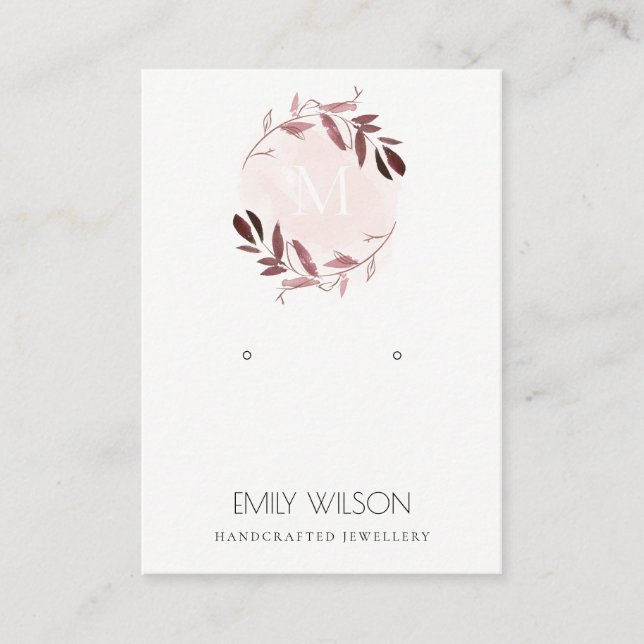 PINK BLUSH FOLIAGE MONOGRAM EARRING DISPLAY LOGO BUSINESS CARD (Front)