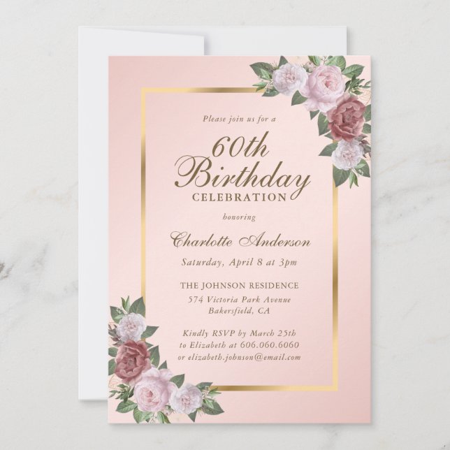 Pink Blush Gold Floral 60th Birthday Invitation (Front)
