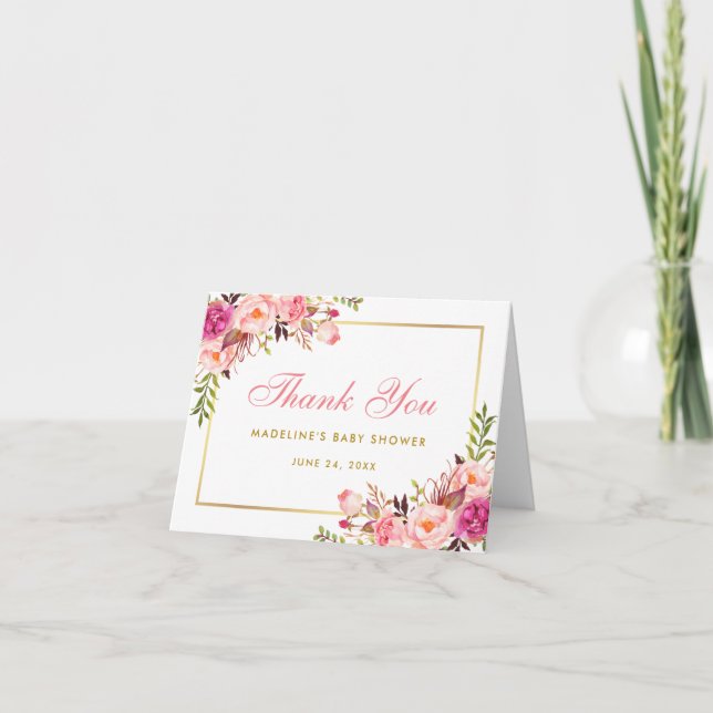 Pink Blush Gold Floral Baby Shower Thanks Note P Thank You Card (Front)