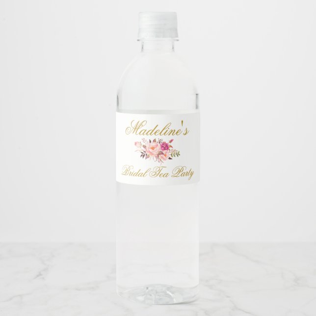 Pink Blush Gold Floral Bridal Shower Tea Party Water Bottle Label (Front)