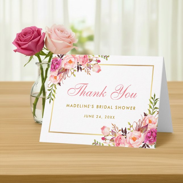Pink Blush Gold Floral Bridal Shower Thanks Note P Thank You Card (Customize to add text to inside of card.)
