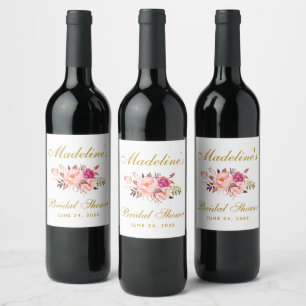 Pink Blush Gold Floral Bridal Shower Wine Label