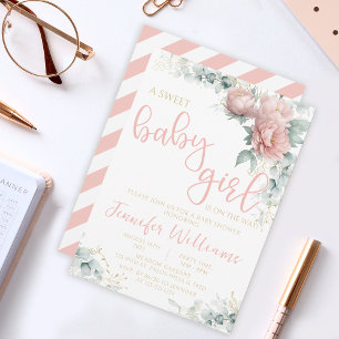 Pink blush gold floral girl baby shower invitation