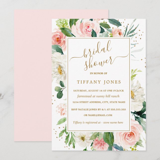 Pink Blush Gold Floral Watercolor Bridal Shower Invitation (Front/Back)