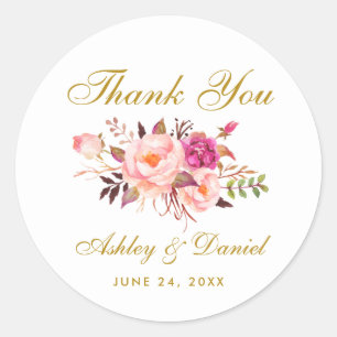 Pink Blush Gold Floral Wedding Thank You L Classic Round Sticker