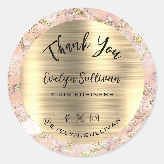 Pink Blush Gold Fluid Marble Thank You   Classic Round Sticker (Front)