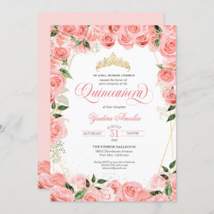 Pink Blush & Gold Glam Roses Elegant Quinceanera Invitation