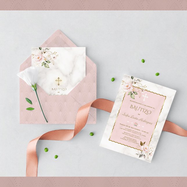 Pink Blush Gold Invitacion De Bautizo Con Flores Invitation (Creator Uploaded)