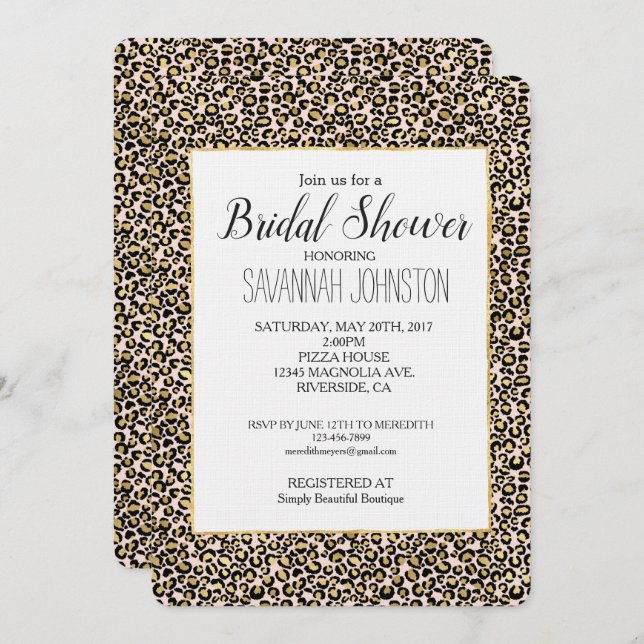 Pink Blush Gold Leopard Print Bridal Shower Invitation (Front/Back)
