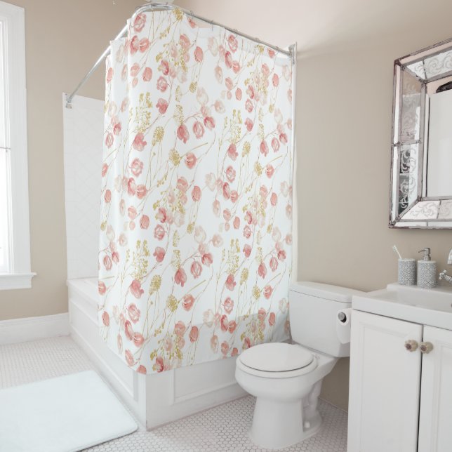 Pink blush gold meadow floral pattern  shower curtain (In Situ)