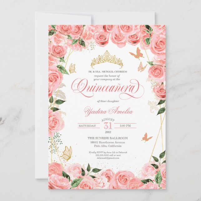 Pink Blush Gold Rose Elegant Butterfly Quinceanera Invitation (Front)